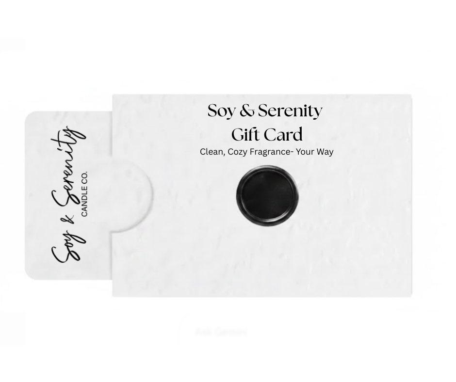 Soy & Serenity gift card image featuring clean, non toxic candle brand logo on a white card with wax seal. Digital gift card for candles, wax melts, and room sprays.