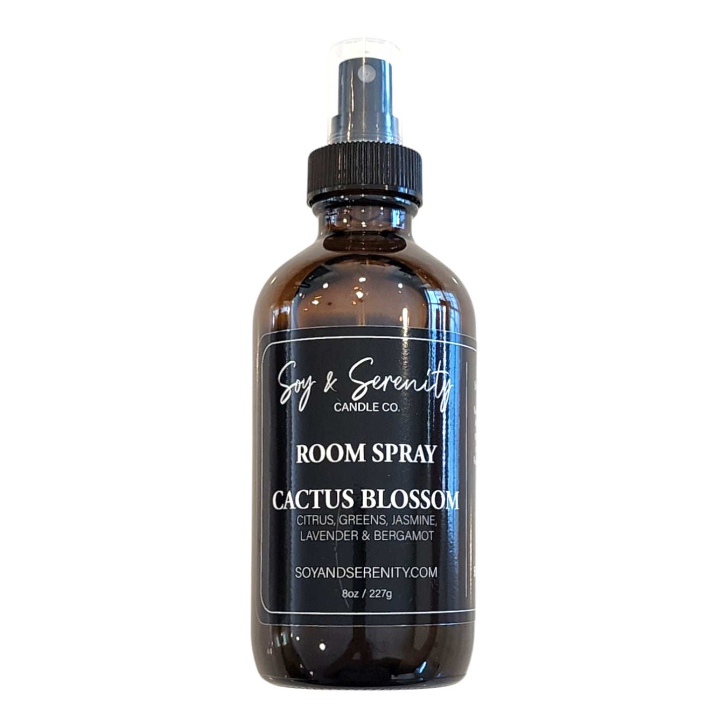 Cactus Blossom room spray by Soy & Serenity Candle Co – clean, non-toxic air freshener with vanilla coconut, sparkling citrus, cactus flower, and sandalwood in amber glass bottle