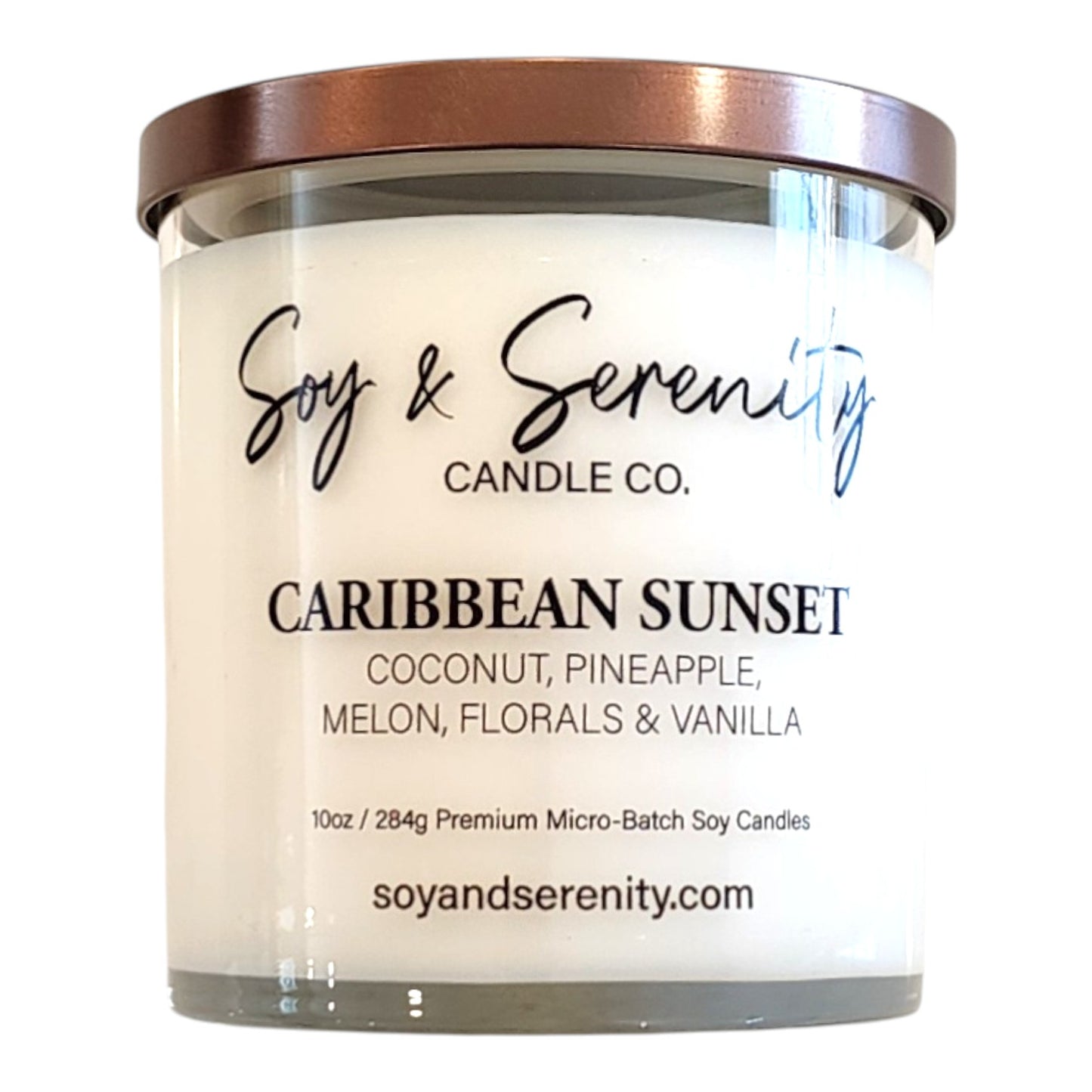 Caribbean Sunset soy candle by Soy & Serenity Candle Co, non toxic coconut and vanilla candle with tropical fruit and ocean air scent