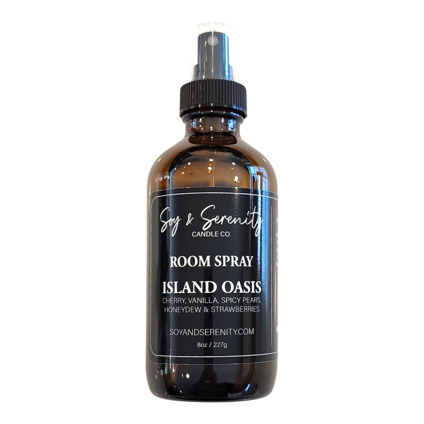 Island Oasis room spray by Soy & Serenity Candle Co – clean, non-toxic tropical air freshener with cherry, strawberry, peach, and creamy vanilla in amber glass bottle