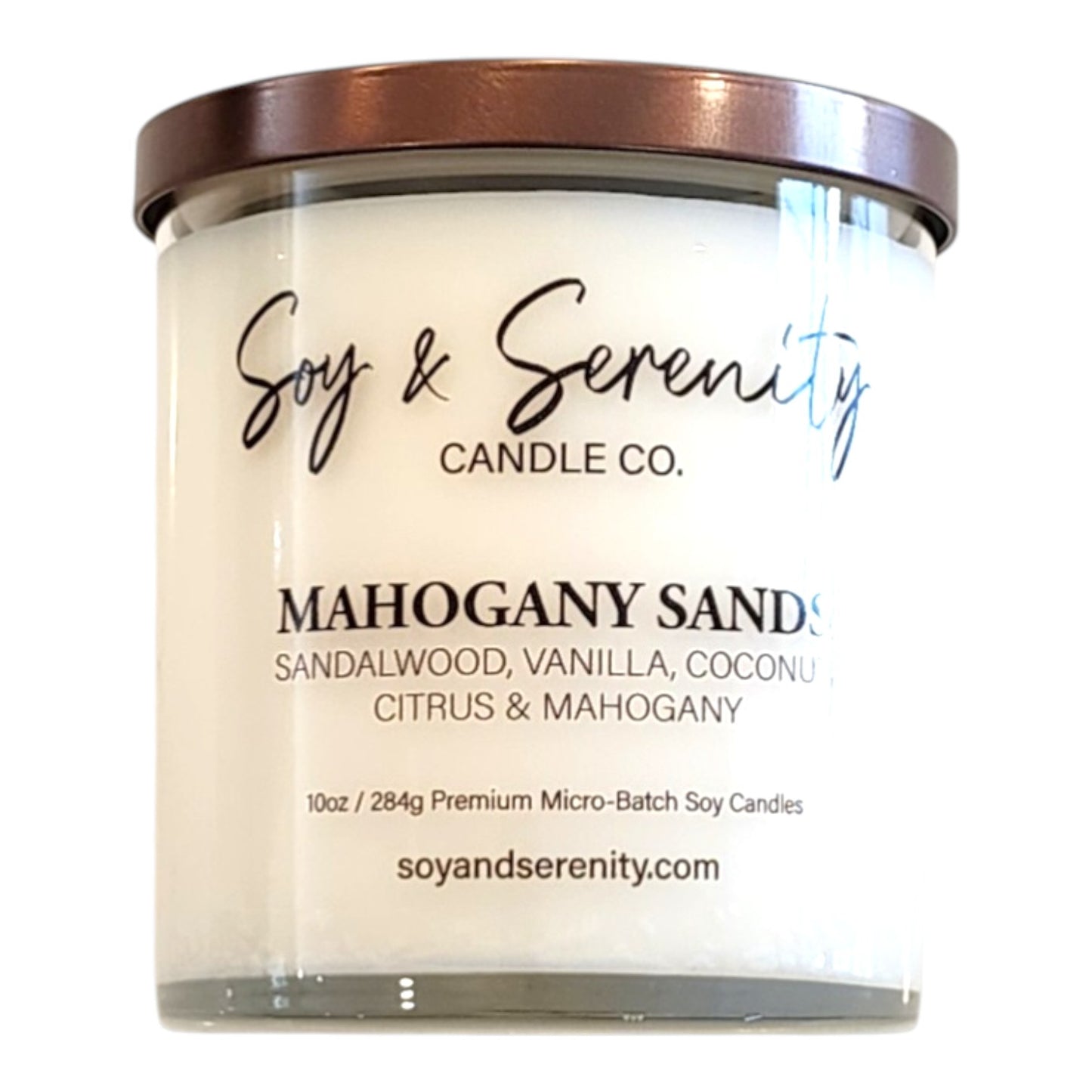 Mahogany Sands soy candle by Soy & Serenity Candle Co, non toxic wood and vanilla candle with mahogany, coconut, and sandalwood notes