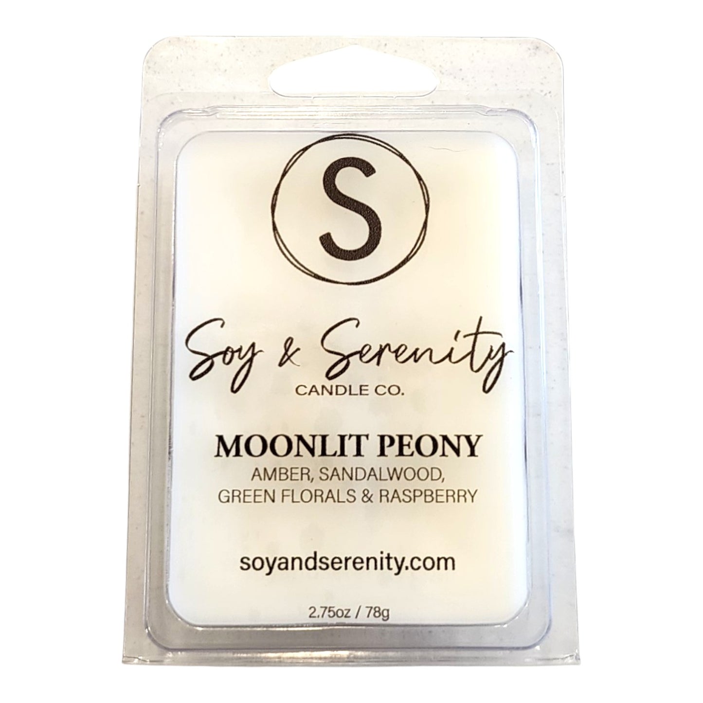 Non-toxic soy wax melt in Moonlit Peony scent by Soy & Serenity Candle Co. on a white background