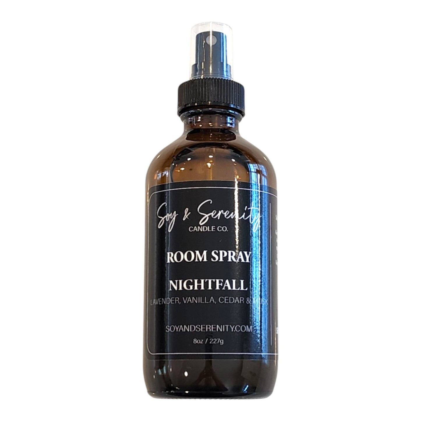 Nightfall room spray by Soy & Serenity Candle Co – clean, non-toxic air freshener with smooth vanilla, calming lavender, smoky woods, and soft musk in amber glass bottle