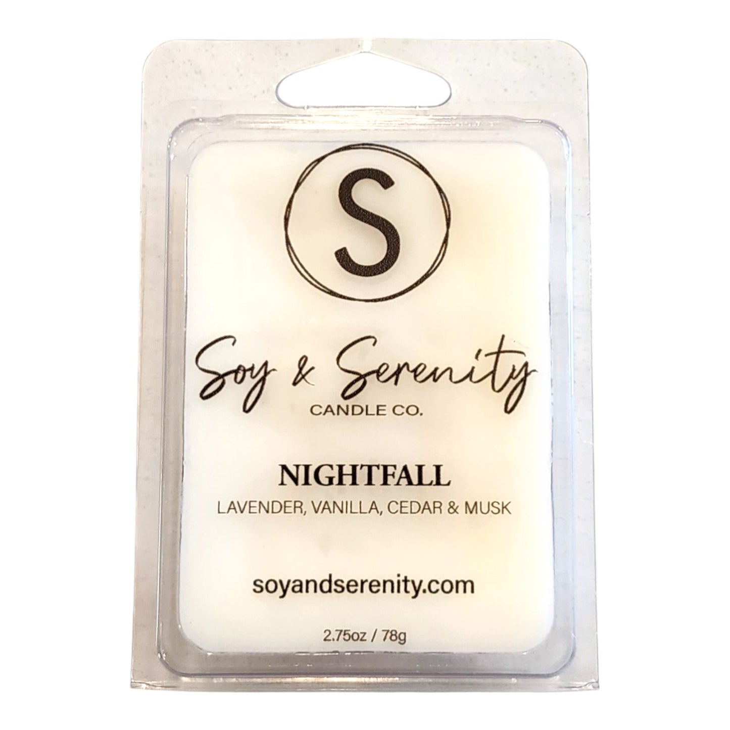 Non-toxic soy wax melt in Nightfall scent by Soy & Serenity Candle Co. on a white background
