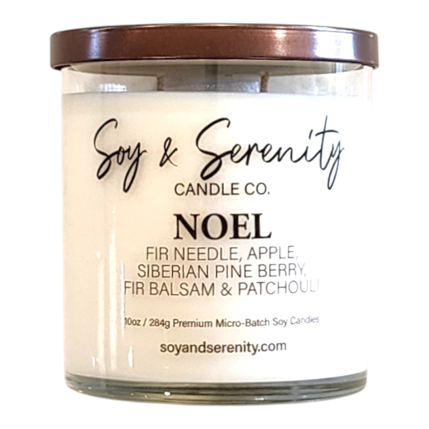 Noel winter soy candle with cedarwood, fir, pine, eucalyptus, and patchouli notes on a white background, wood candle.