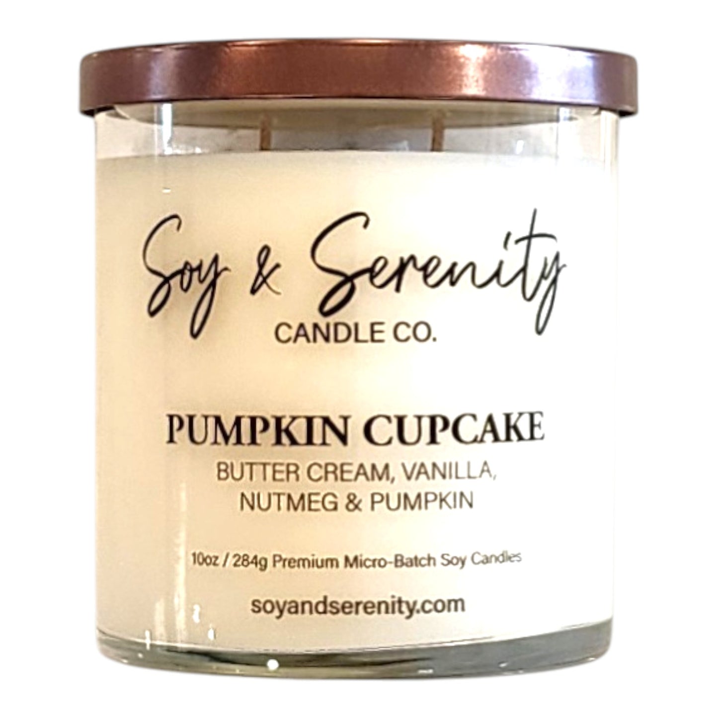 Pumpkin Cupcake bakery soy candle with pumpkin, vanilla, butter cream, and nutmeg notes on a white background.