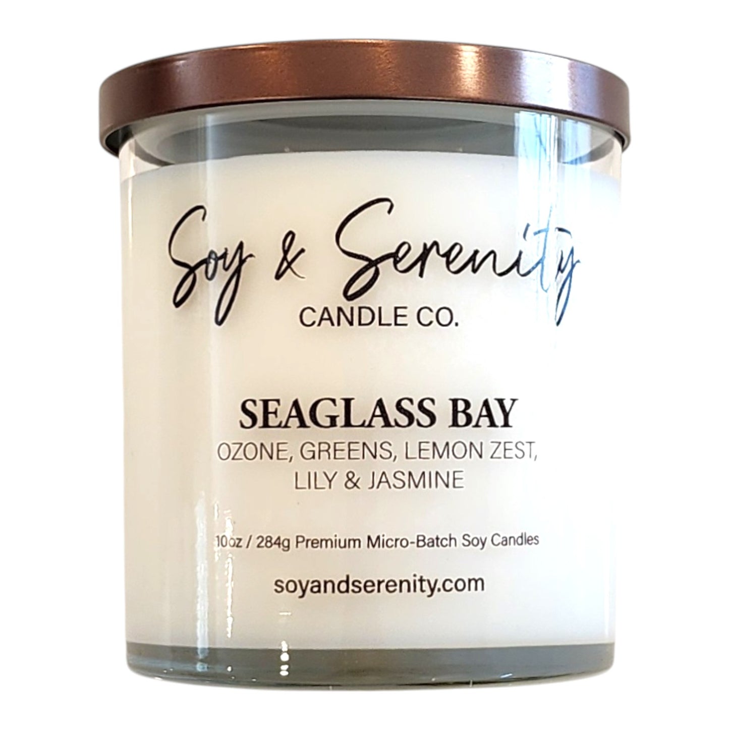 Seaglass Bay soy candle by Soy & Serenity Candle Co, non toxic coastal candle with ocean air, sea ozone, and fresh citrus spa scent