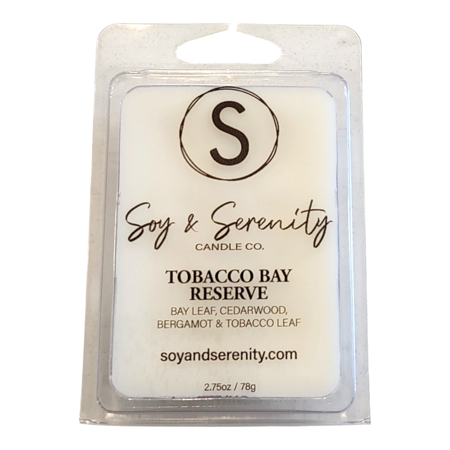 Non-toxic soy wax melt in Tobacco Bay Reserve scent by Soy & Serenity Candle Co. on a white background