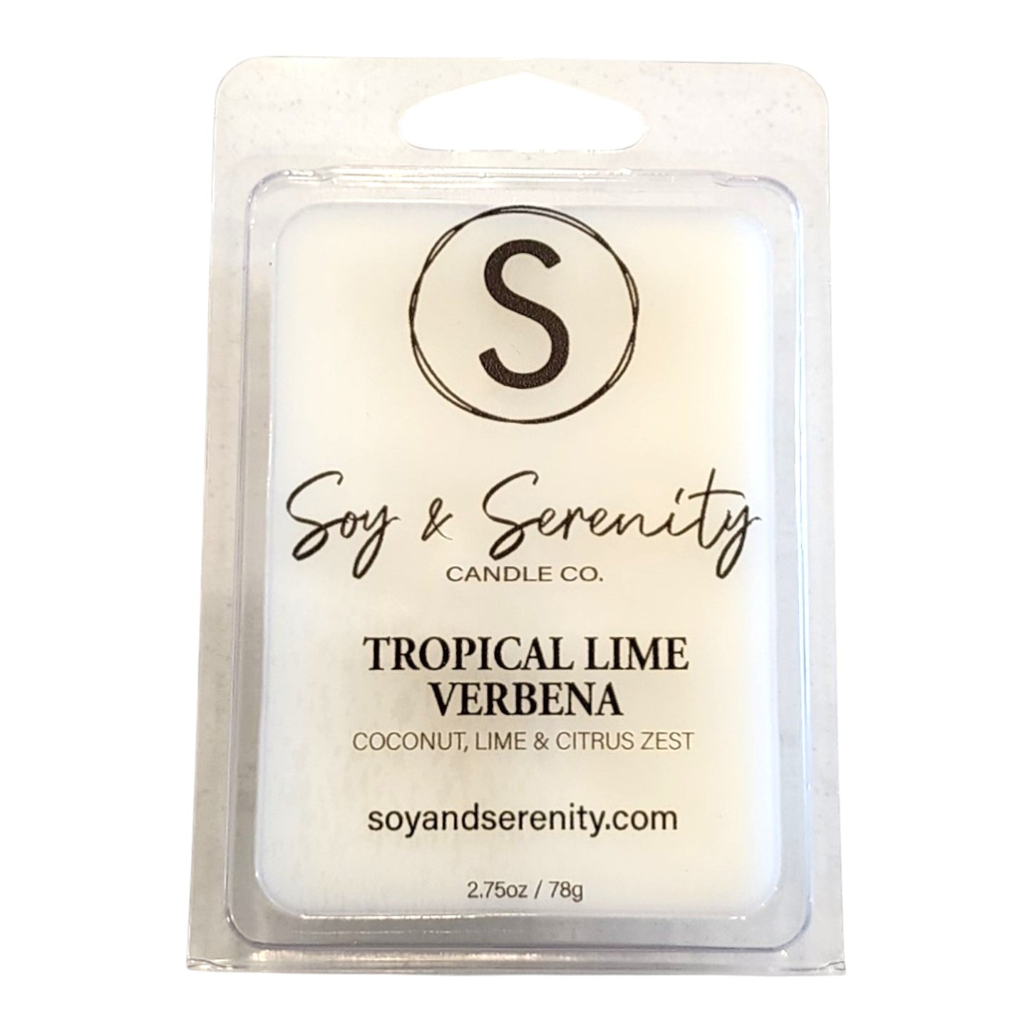 Non-toxic soy wax melt in Tropical Lime Verbena scent by Soy & Serenity Candle Co. on a white background