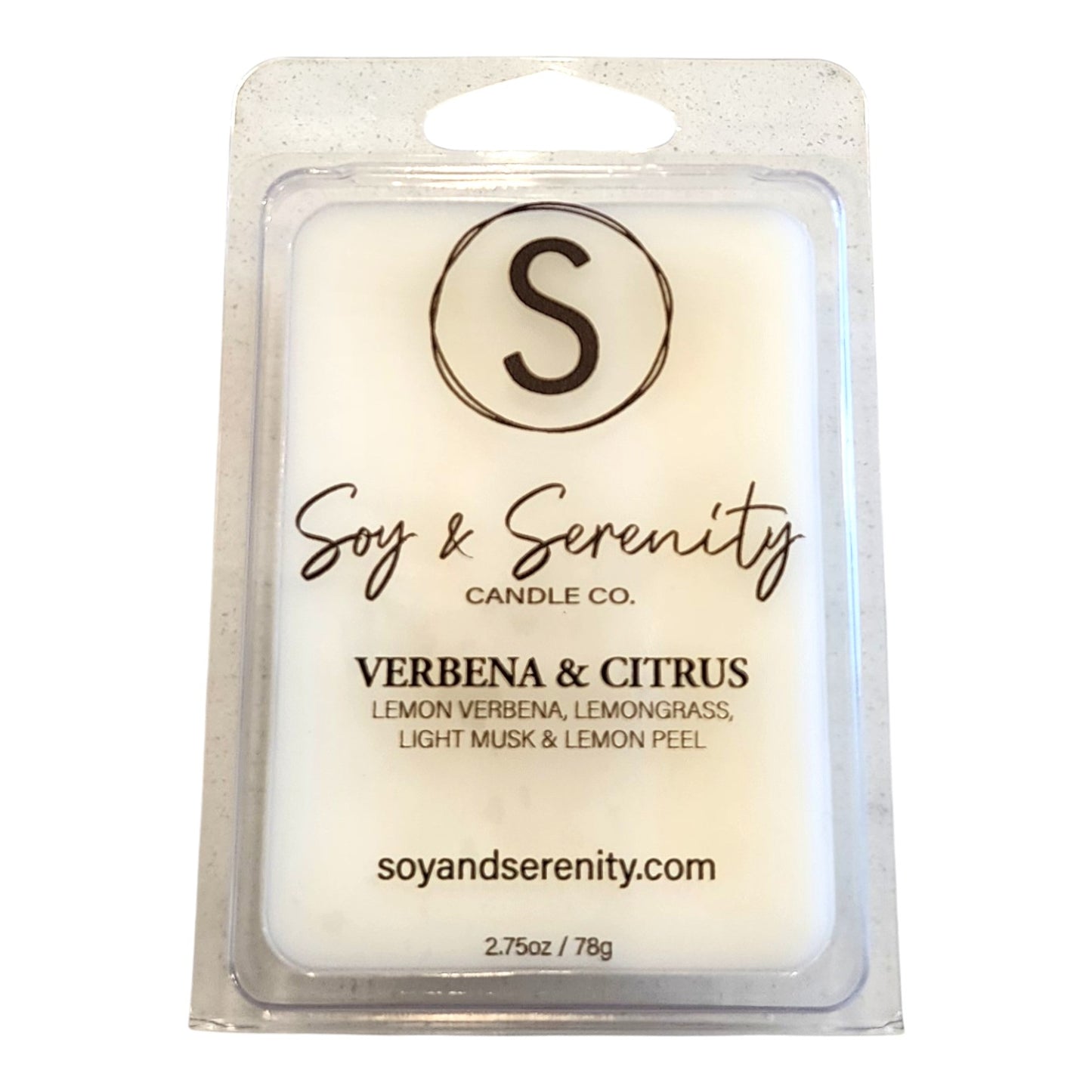 Non-toxic soy wax melt in Verbena and Citrus scent by Soy & Serenity Candle Co. on a white background