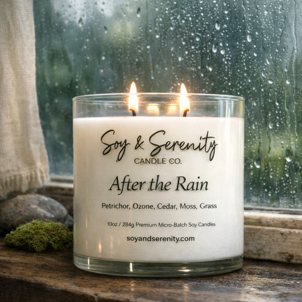 After the Rain soy candle by Soy & Serenity Candle Co. glowing on a windowsill with raindrops on the glass, capturing the fresh, earthy scent of petrichor after a storm.