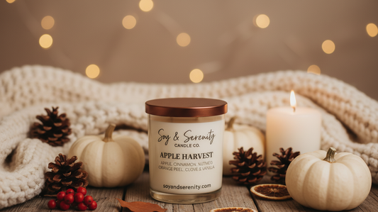 A cozy fall scene featuring a Soy & Serenity Flannel soy candle surrounded by pinecones, white pumpkins, and soft knit blankets, with golden fairy lights glowing in the background — evoking warmth, comfort, and the inviting scents of fall and winter.