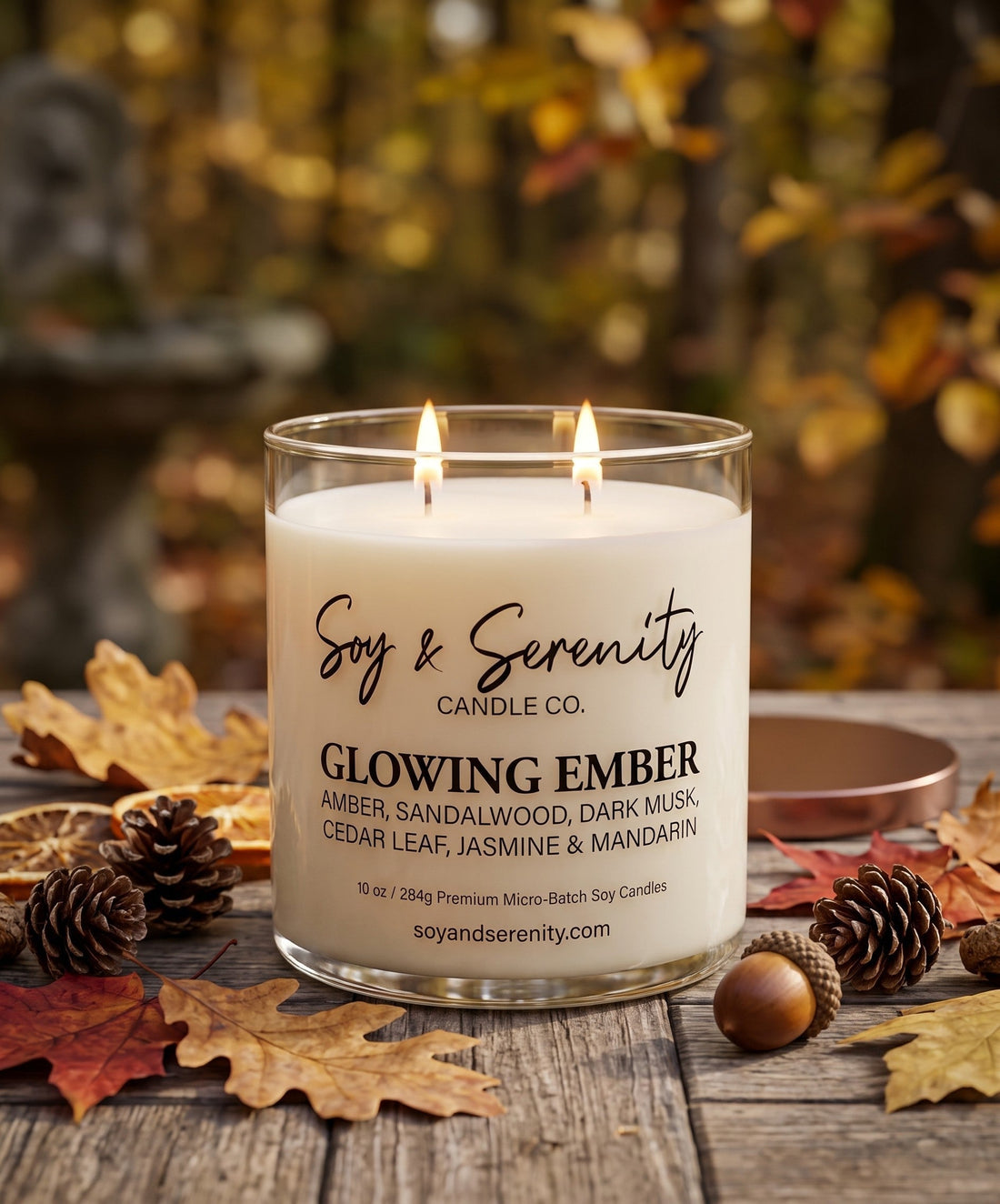 Glowing Ember Fall Candle in outdoor setting.