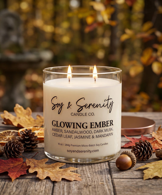 Glowing Ember Fall Candle in outdoor setting.