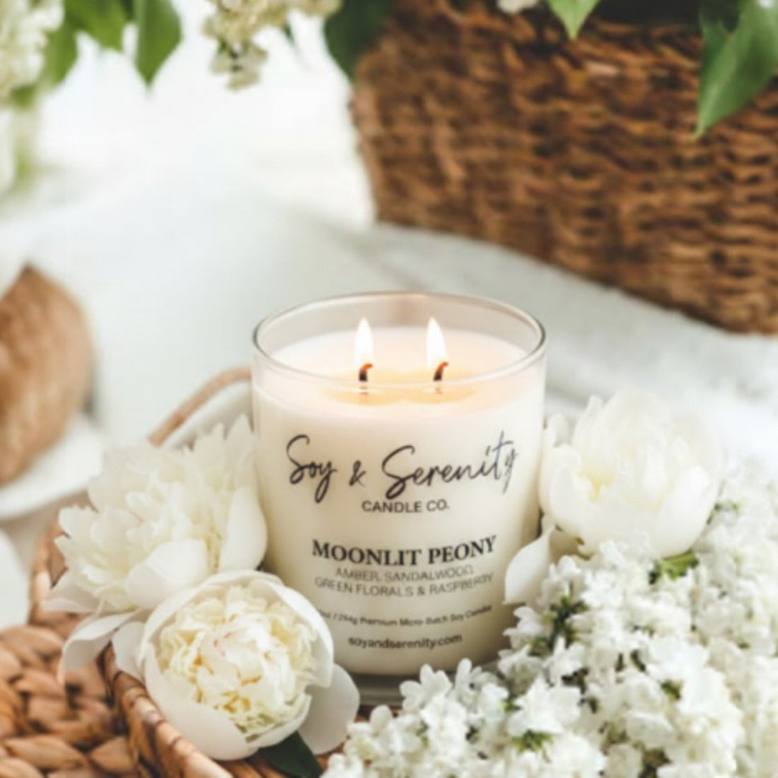 Moonlit Peony floral soy candle with white peonies, calming evening home fragrance candle
