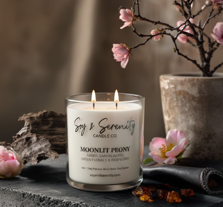 Moonlit Peony soy candle glowing in evening light with floral styling — bold evening scent candle 2026