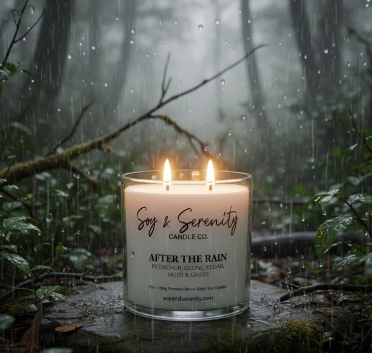 Realistic rain candle inspired by petrichor burning outdoors in a forest rain scene
