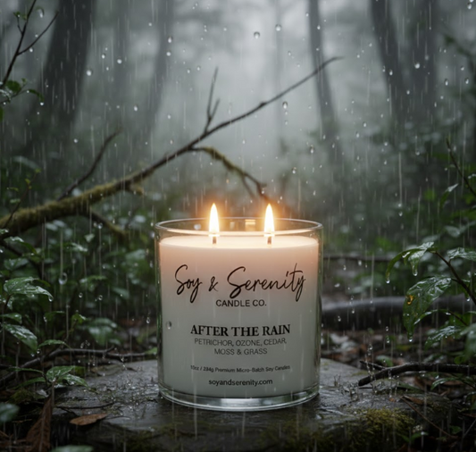 Realistic rain candle inspired by petrichor burning outdoors in a forest rain scene