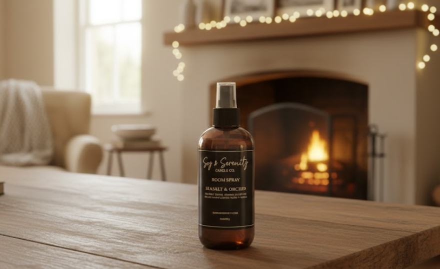 Soy & Serenity room spray bottle displayed on a wooden table in front of a cozy fireplace, with warm ambient lighting and soft home décor in the background.