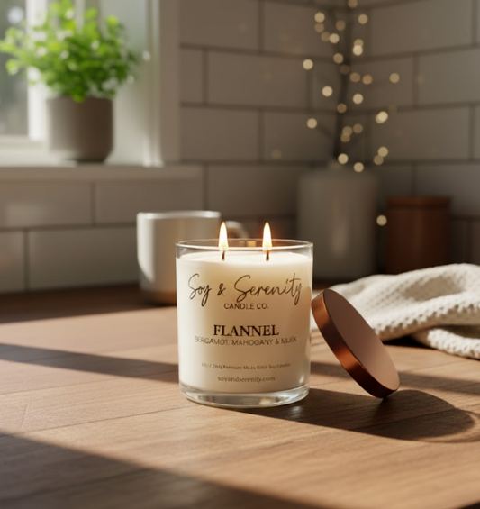 Flannel soy candle by Soy & Serenity placed on a wooden countertop in natural sunlight, surrounded by soft linens and minimalist decor for a clean, cozy aesthetic.