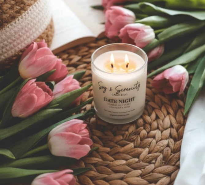 Spring candle with soft floral scent styled with fresh pink tulips in a bright home setting.