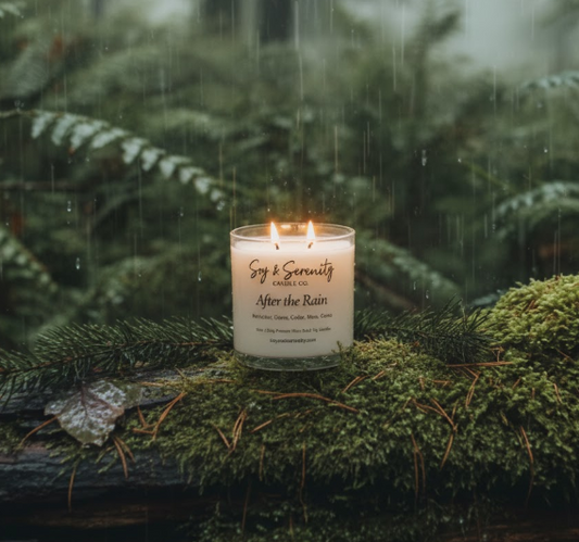 After the Rain petrichor candle by Soy & Serenity glowing in a mossy forest during rainfall, capturing a realistic rain scented candle atmosphere