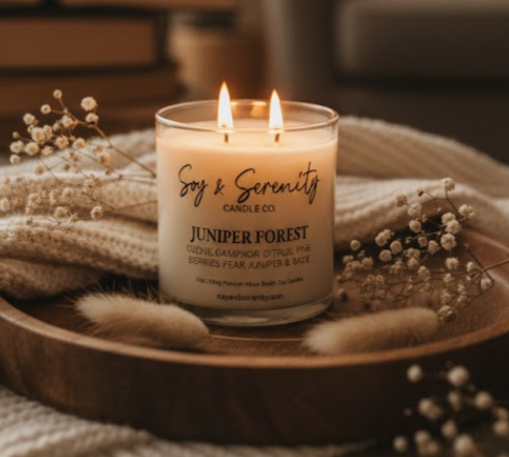 Soy & Serenity soy candle on wooden tray with cozy decor, clean non toxic candle.
