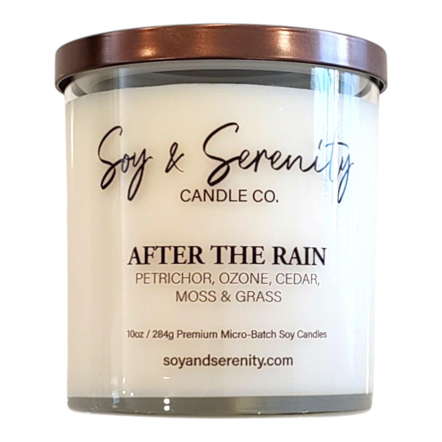 After the Rain soy candle by Soy & Serenity Candle Co, clean non toxic petrichor candle with earthy rain scent in glass jar