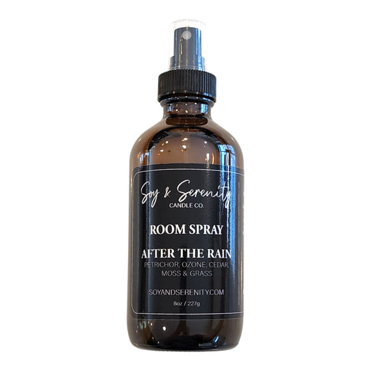 After the Rain room spray by Soy & Serenity Candle Co – clean, non-toxic air freshener with petrichor, fresh ozone, cedarwood, moss, and earthy green notes in amber glass bottle
