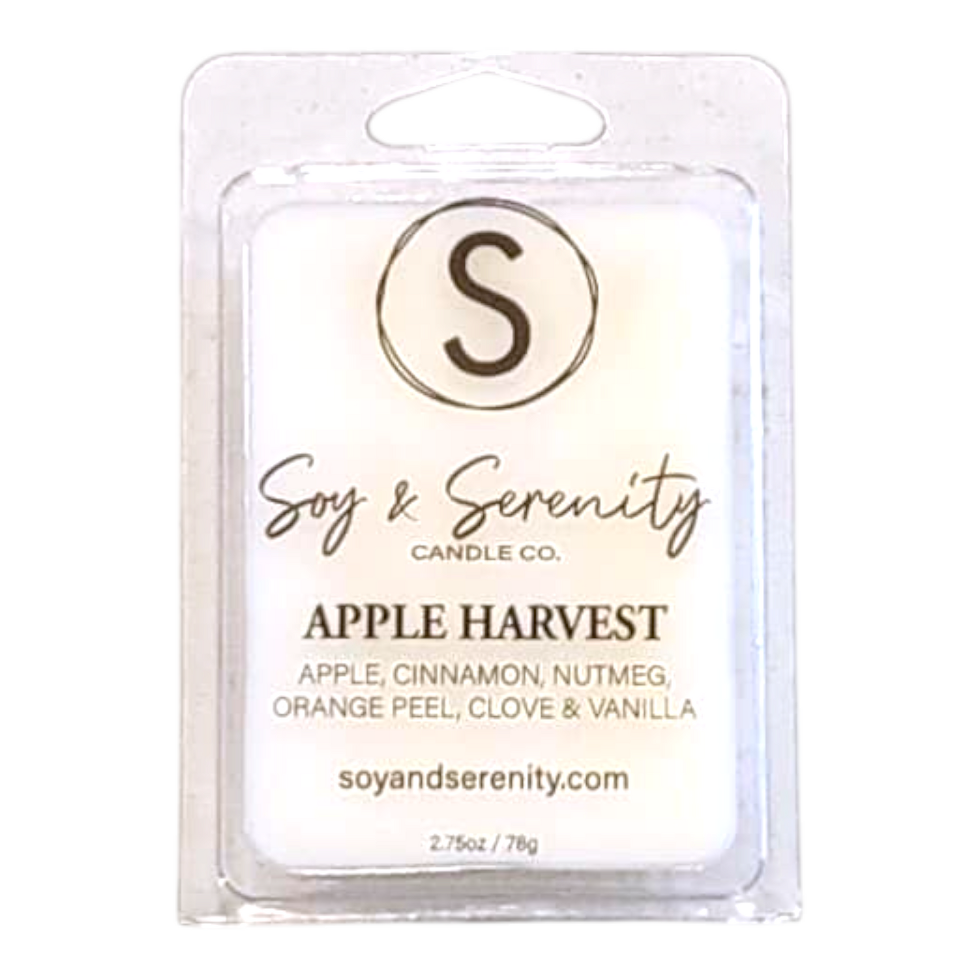 Apple Harvest soy wax melts with caramel, apple, and brown sugar notes on a white background, non toxic wax melts.