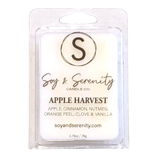 Apple Harvest soy wax melts with caramel, apple, and brown sugar notes on a white background, non toxic wax melts.