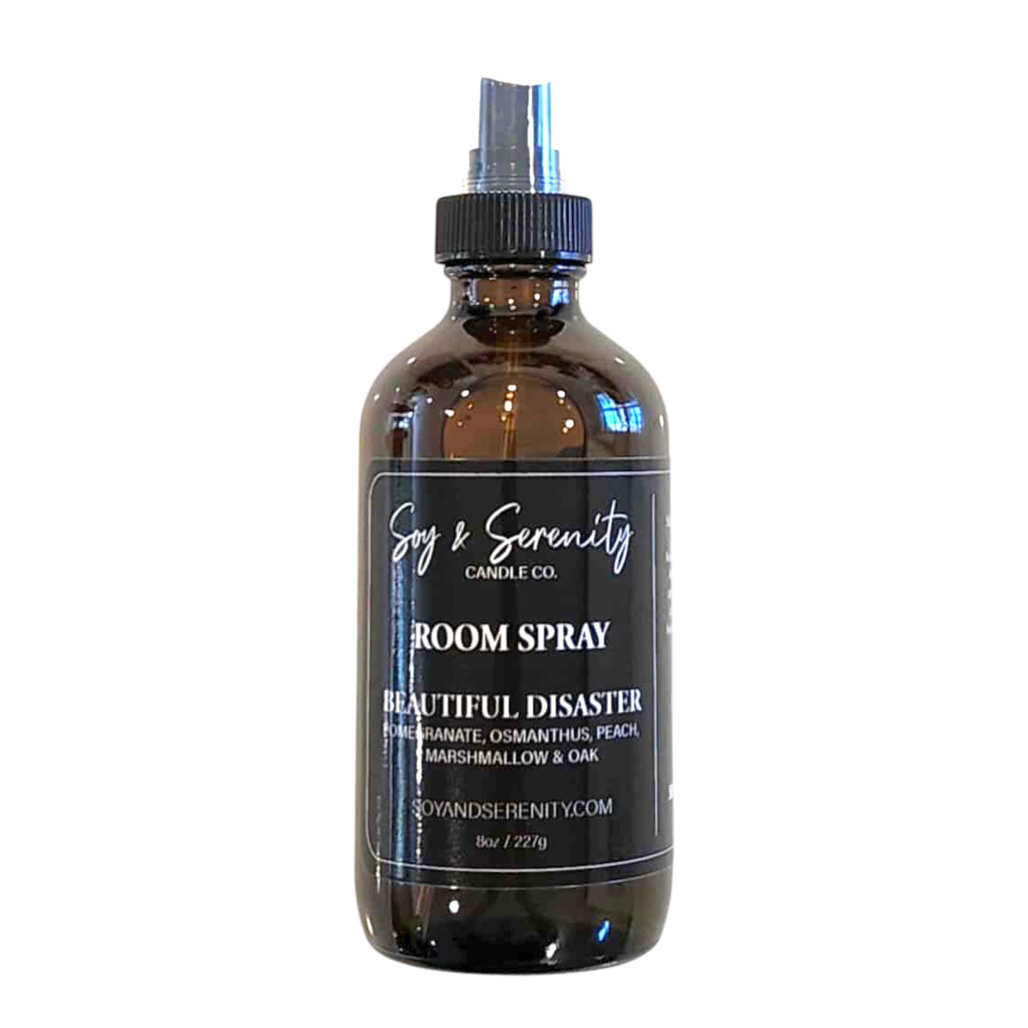 Room spray with pomegranate, peach, apple, and marshmallow notes on a white background, clean fruity air freshener.