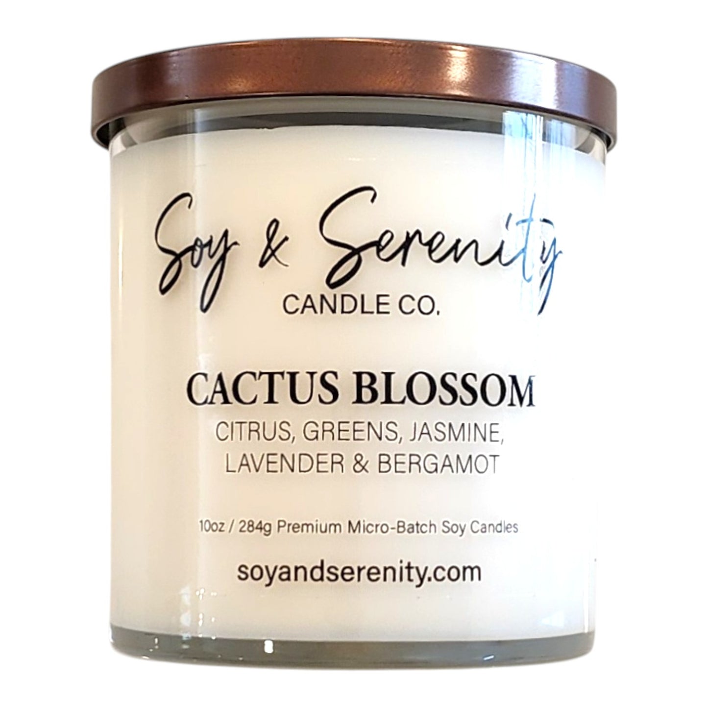 Cactus Blossom soy candle by Soy & Serenity Candle Co, non toxic coconut and citrus candle with cactus flower and herbal greens, summer home fragrance
