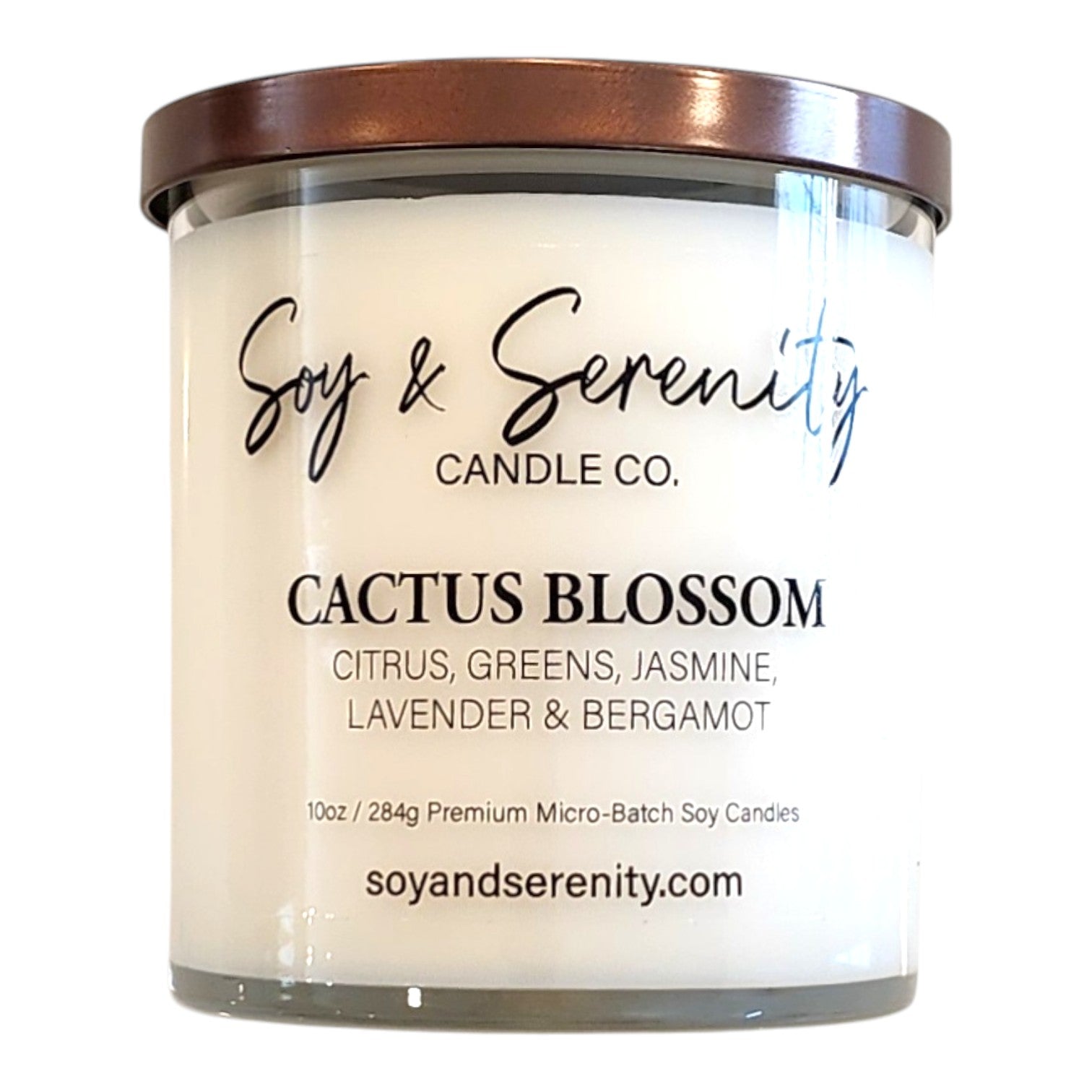 Cactus Blossom soy candle by Soy & Serenity Candle Co, non toxic coconut and citrus candle with cactus flower and herbal greens, summer home fragrance