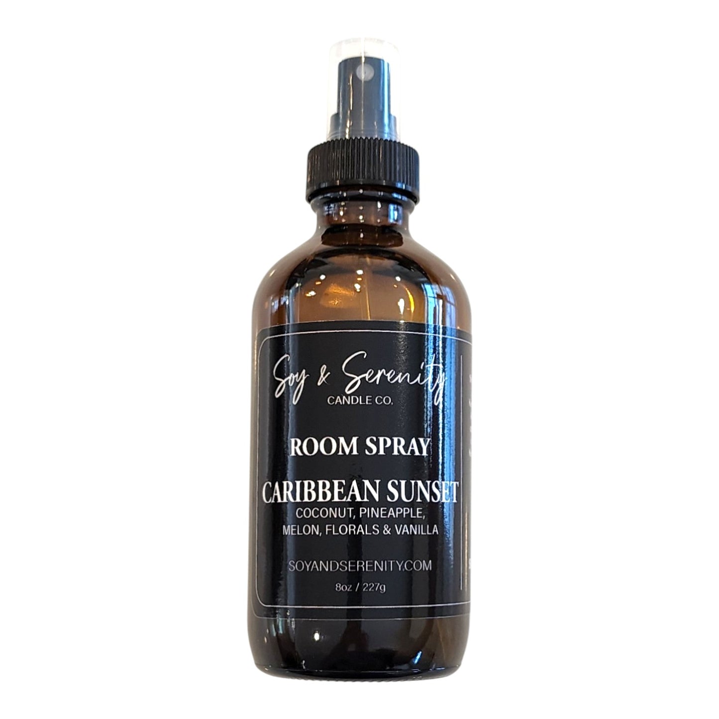 Caribbean Sunset room spray by Soy & Serenity Candle Co – clean, non-toxic tropical air freshener with creamy coconut, melon, vanilla, and ocean air in amber glass bottle