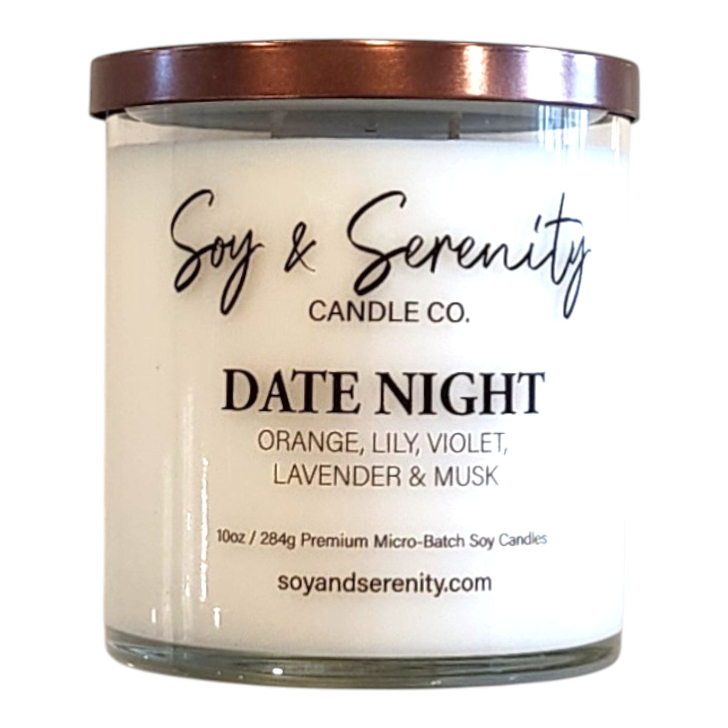Date Night luxury lavender soy candle in a clear glass jar on a white background.