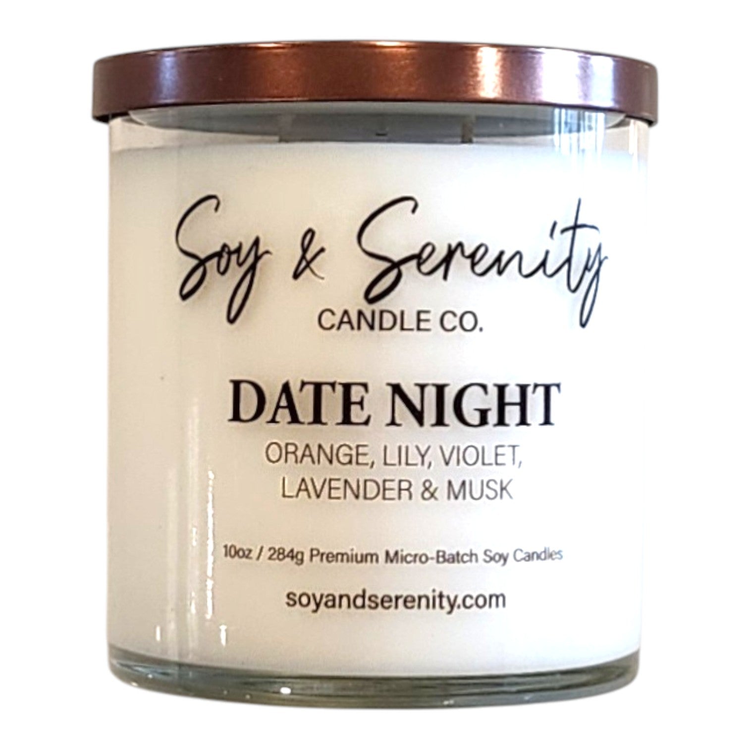 Date Night luxury lavender soy candle in a clear glass jar on a white background.