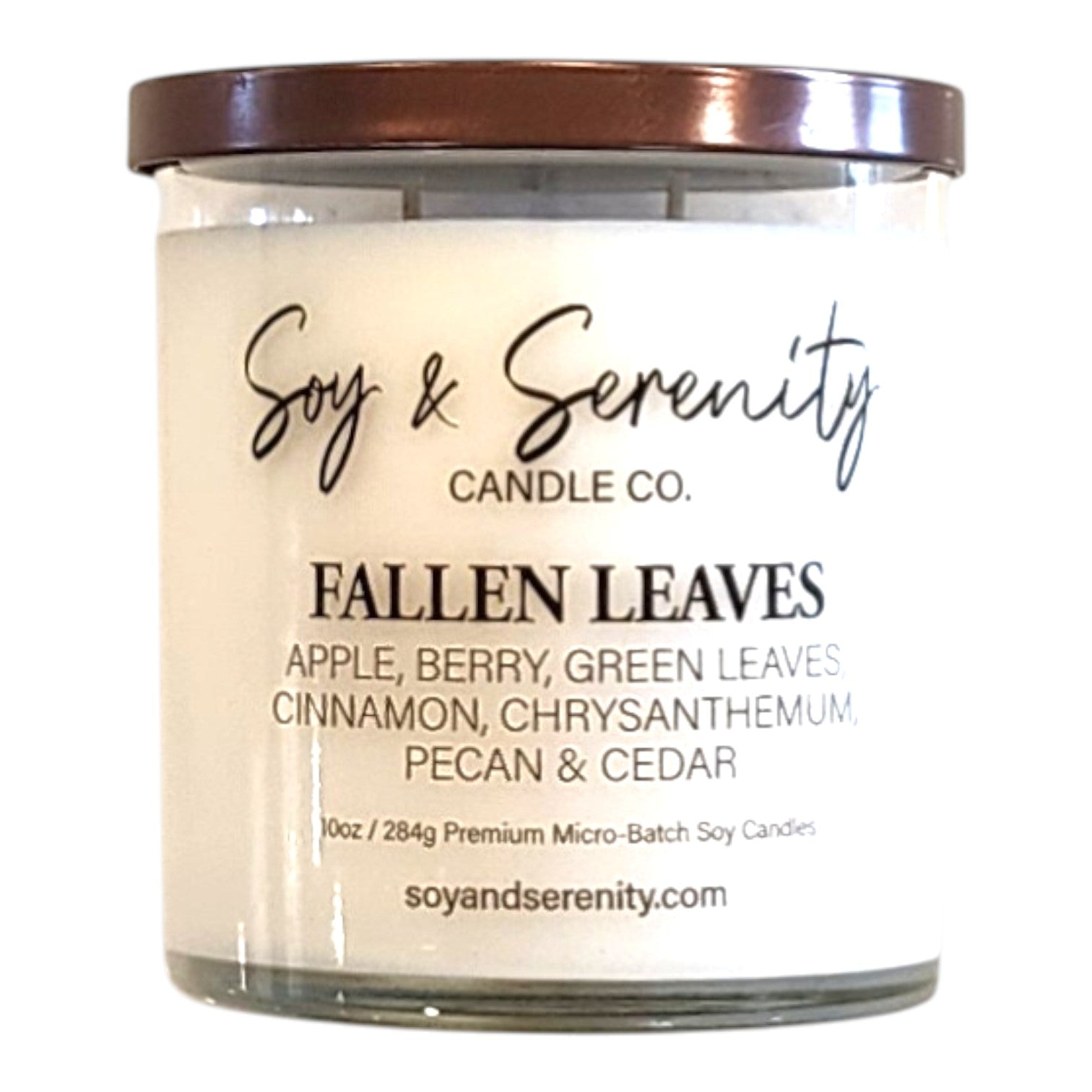 Fallen Leaves fall candle in a clear glass jar on a white background, earthy autumn soy candle.