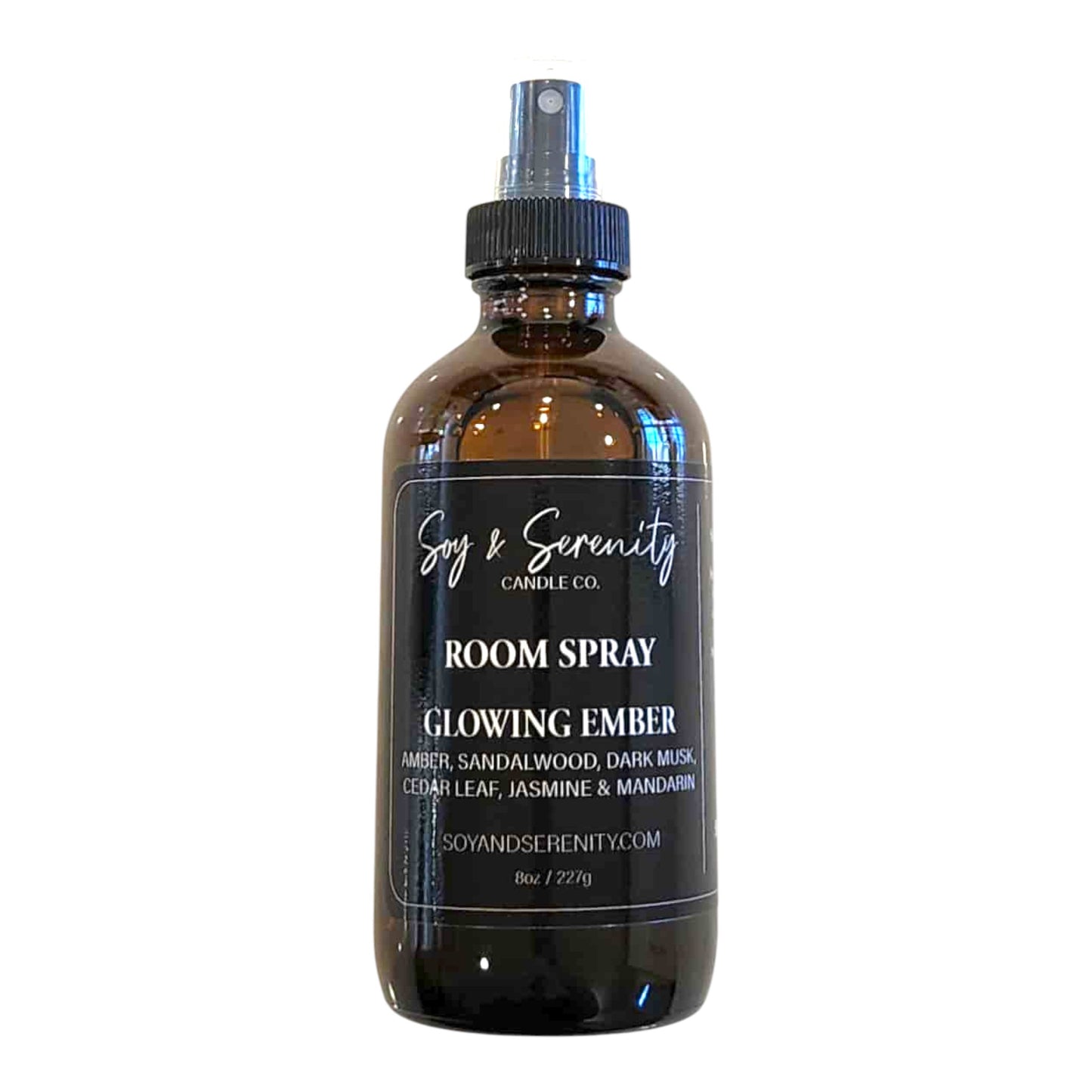 Room spray with plum, amber, jasmine, sandalwood, musk, and amyris — warm luxury romantic air freshener on white background.