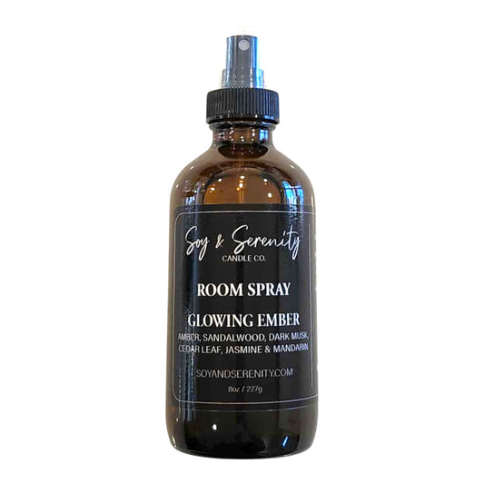 Room spray with plum, amber, jasmine, sandalwood, musk, and amyris — warm luxury romantic air freshener on white background.