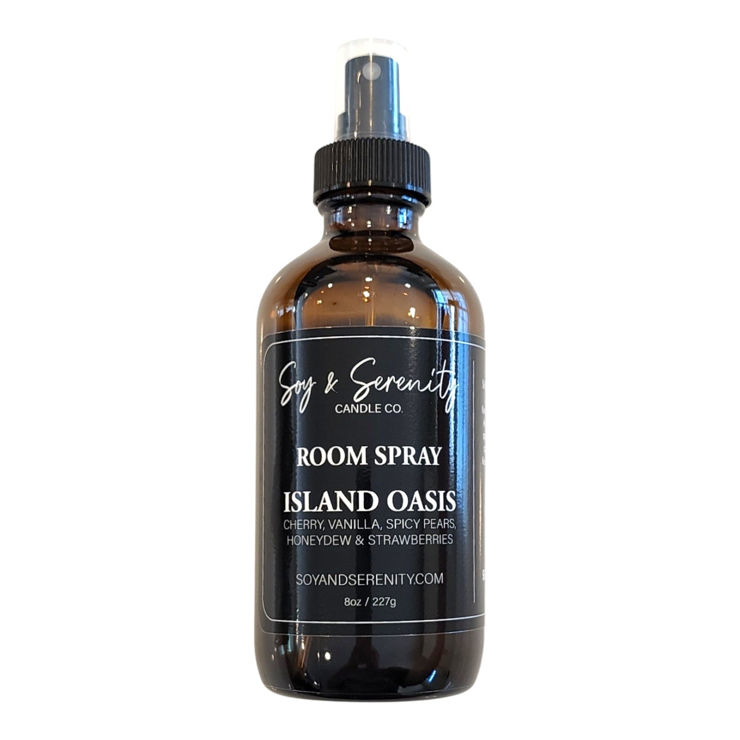 Island Oasis room spray by Soy & Serenity Candle Co – clean, non-toxic tropical air freshener with cherry, strawberry, peach, and creamy vanilla in amber glass bottle