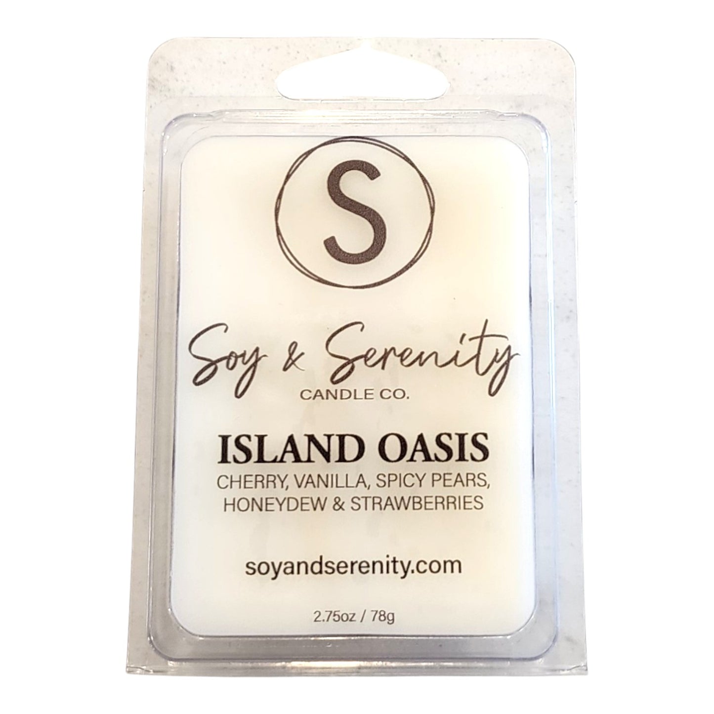 Non-toxic soy wax melt in Island Oasis scent by Soy & Serenity Candle Co. on a white background