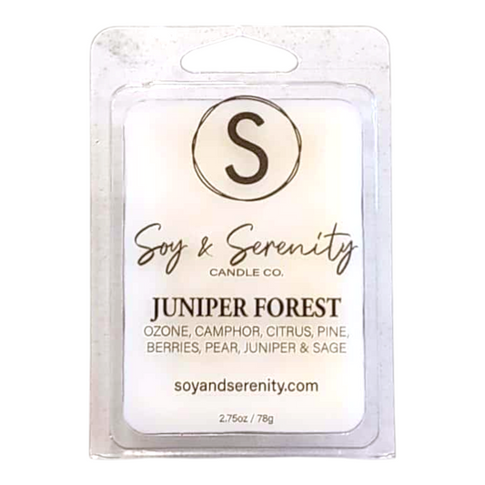 Soy wax melts with eucalyptus, fir needle, cedar leaf, pine, juniper, and citrus notes on a white background, non toxic soy wax melts.