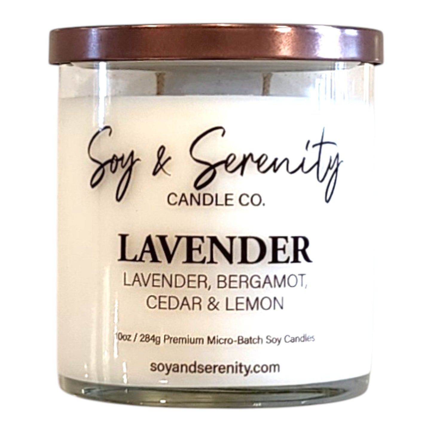 Lavender soy candle with bergamot and cedar notes on a white background, lavender candle.