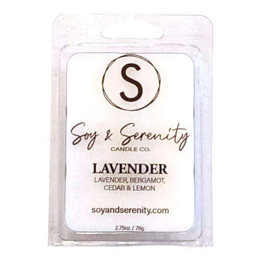 soy wax melts with lavender, bergamot, cedar, and lemon notes on a white background, non toxic soy wax melts
