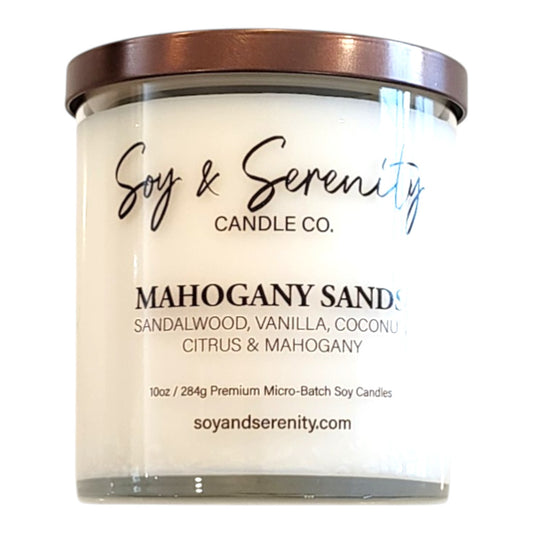 Mahogany Sands soy candle by Soy & Serenity Candle Co, non toxic wood and vanilla candle with mahogany, coconut, and sandalwood notes
