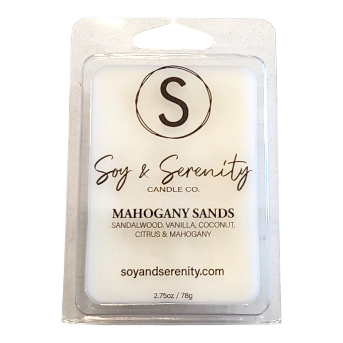 Non-toxic soy wax melt in Mahogany Sands scent by Soy & Serenity Candle Co. on a white background