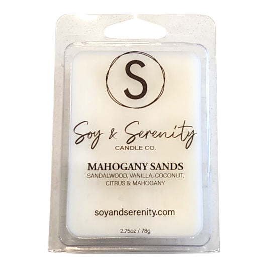 Non-toxic soy wax melt in Mahogany Sands scent by Soy & Serenity Candle Co. on a white background