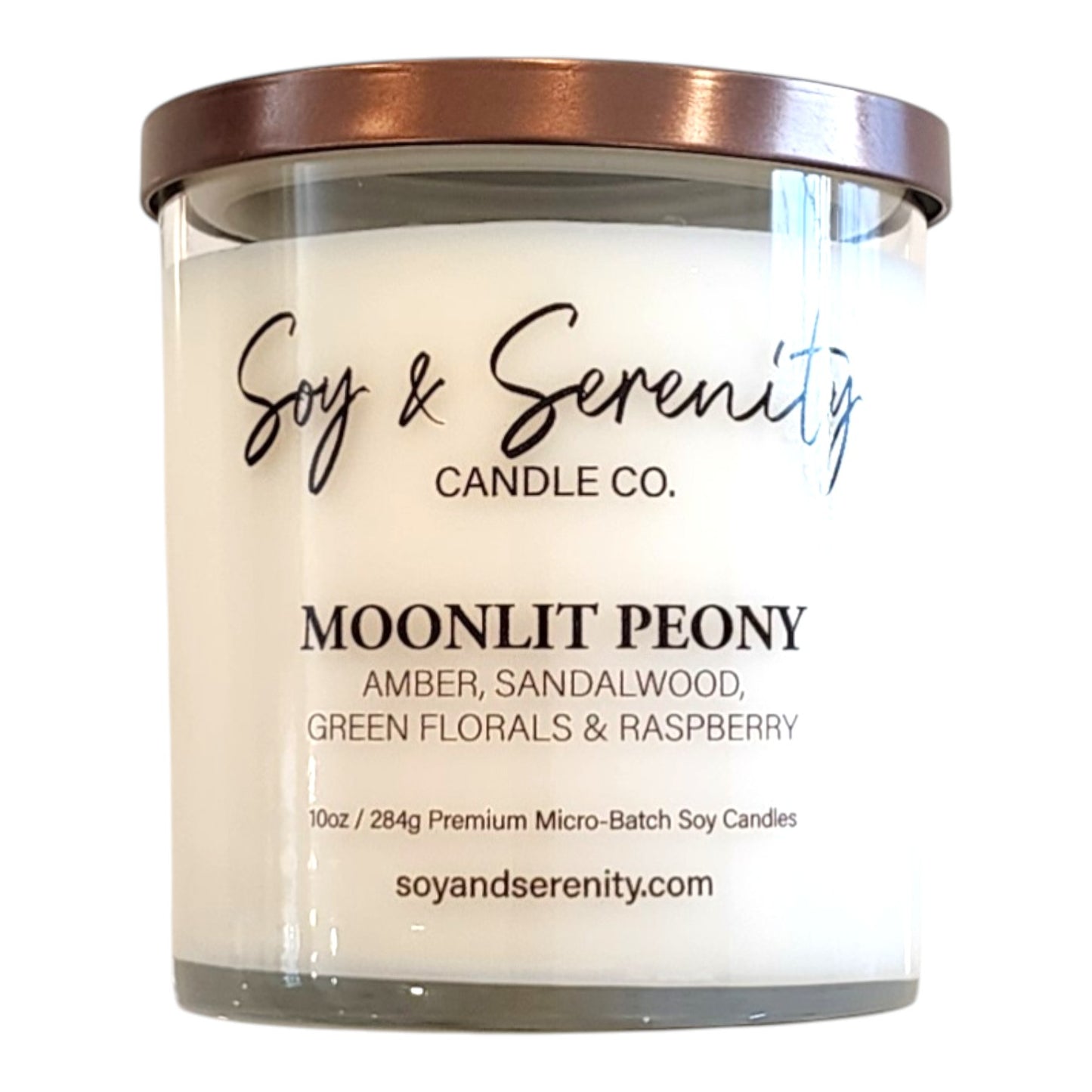 Moonlit Peony soy candle by Soy & Serenity Candle Co, non toxic floral candle with pink peony, soft amber, and elegant spring home fragrance