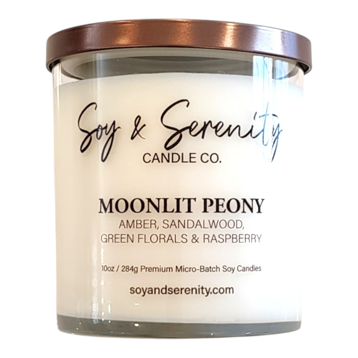 Moonlit Peony soy candle by Soy & Serenity Candle Co, non toxic floral candle with pink peony, soft amber, and elegant spring home fragrance